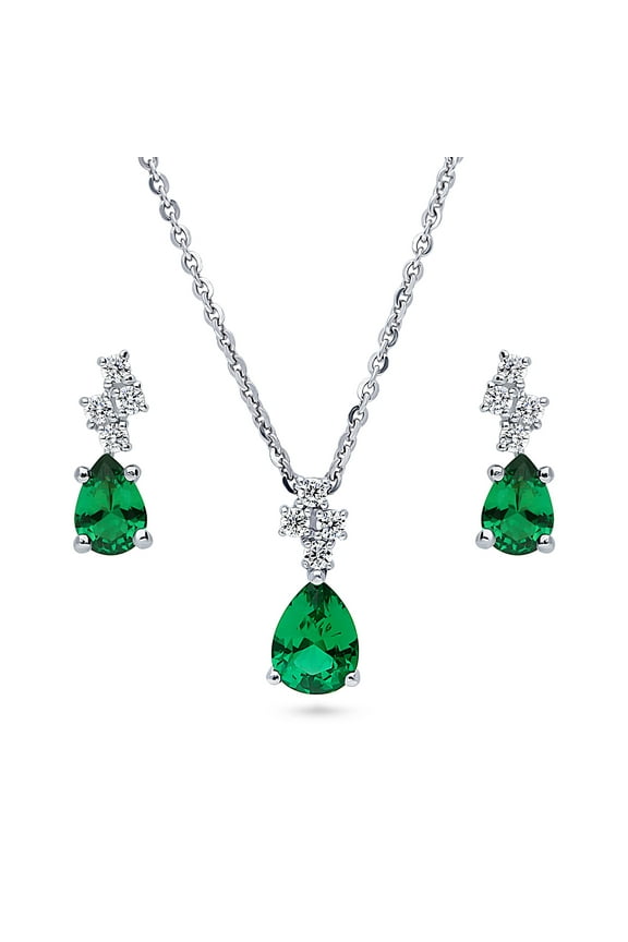 Sterling Silver Cluster Simulated Emerald Cubic Zirconia CZ Fashion Necklace and Earrings Set for Women, Rhodium Plated