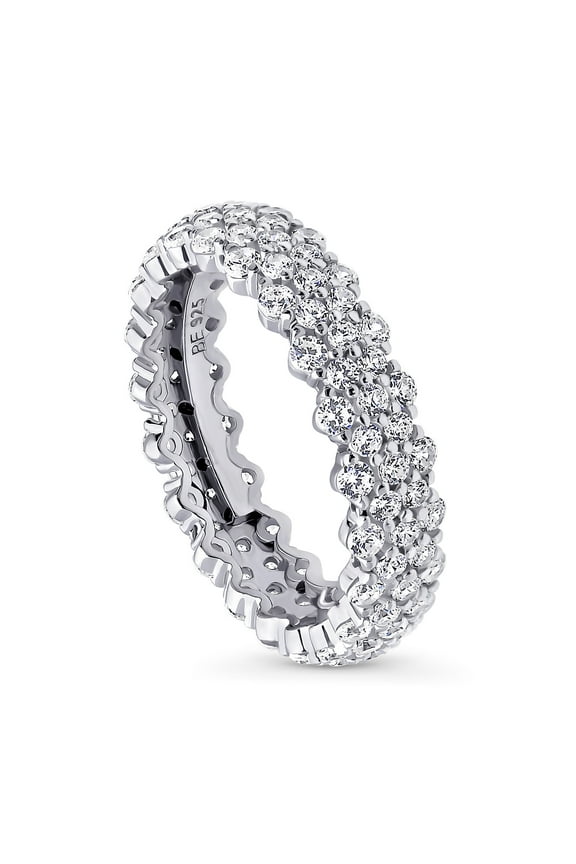 Sterling Silver Cluster Wedding Rings Round Cut Cubic Zirconia CZ Eternity Ring for Women, Rhodium Plated Size 4
