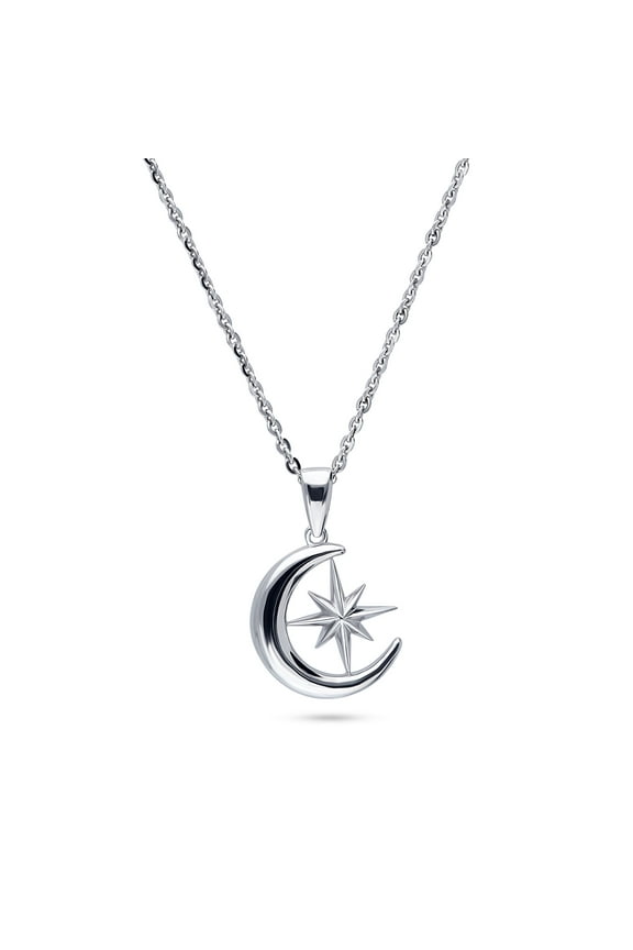 Sterling Silver Crescent Moon North Star Fashion Pendant Necklace for Women, Rhodium Plated 18 inch
