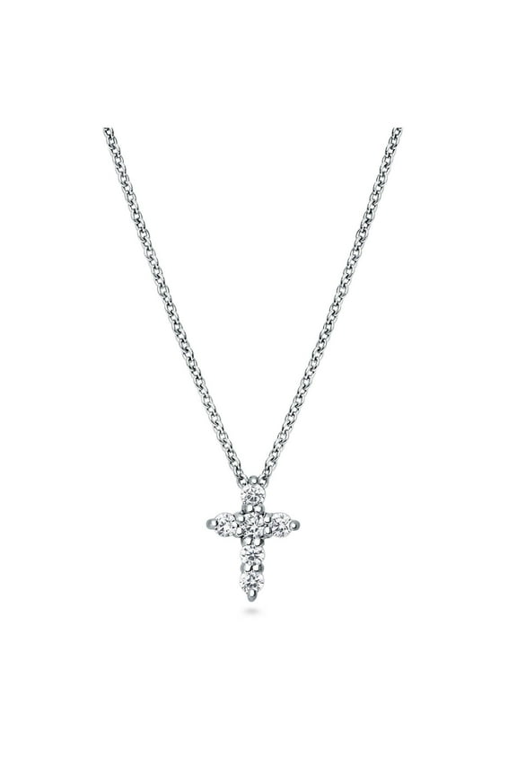 Sterling Silver Cross Cubic Zirconia CZ Fashion Pendant Necklace for Women 16 inch, Rhodium Plated
