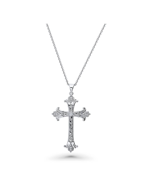 Sterling Silver Cross Cubic Zirconia CZ Milgrain Pendant Necklace for Unisex, Rhodium Plated 18 inch