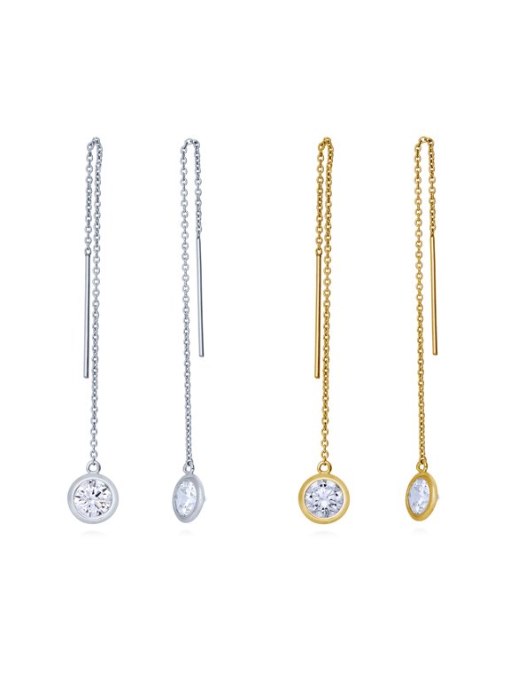 Sterling Silver Cubic Zirconia CZ Fashion Threader Earrings for Women, Rhodium Plated and Yellow Gold Flashed, 2 Pairs