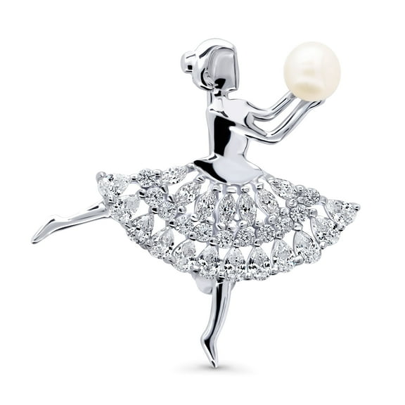 BERRICLE Sterling Silver Dancing Ballerina Button Freshwater Cultured Pearl Fashion Brooch Pin for Women, Rhodium Plated
