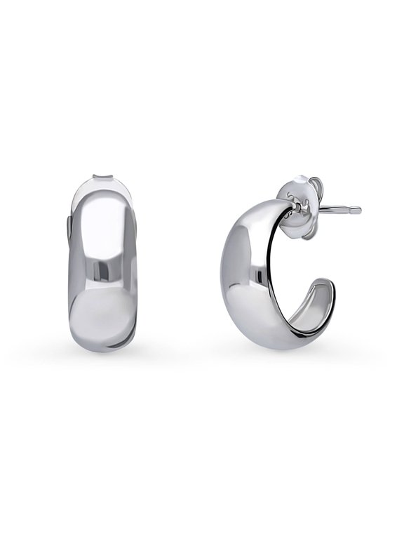 Sterling Silver Dome Medium Fashion Half Hoop Earrings for Women, Rhodium Plated 0.6 inch