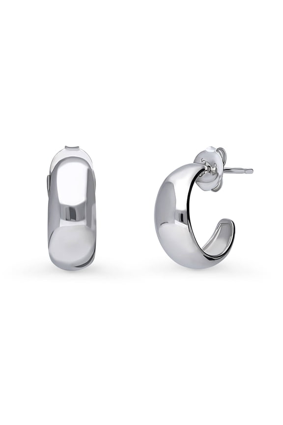 Sterling Silver Dome Medium Fashion Half Hoop Earrings for Women, Rhodium Plated 0.6 inch