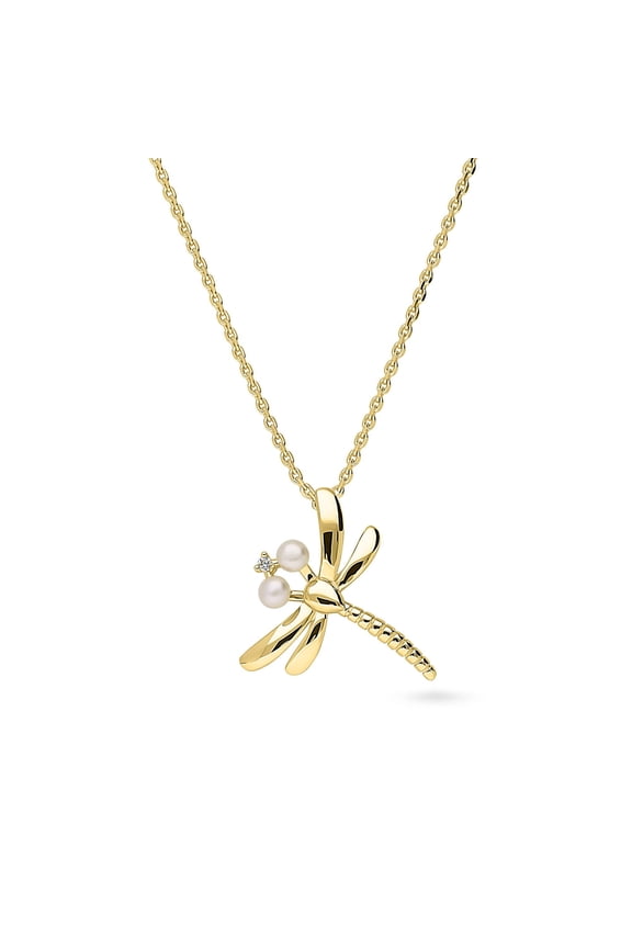 Sterling Silver Dragonfly Button Freshwater Cultured Pearl Fashion Pendant Necklace for Women 16 inch, Yellow Gold Flashed