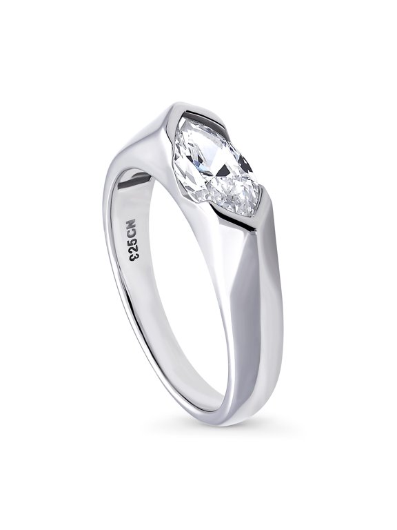 Sterling Silver East-West Wedding Engagement Rings 1 Carat Half Bezel Set Cubic Zirconia CZ Solitaire Ring for Women, Rhodium Plated Size 10