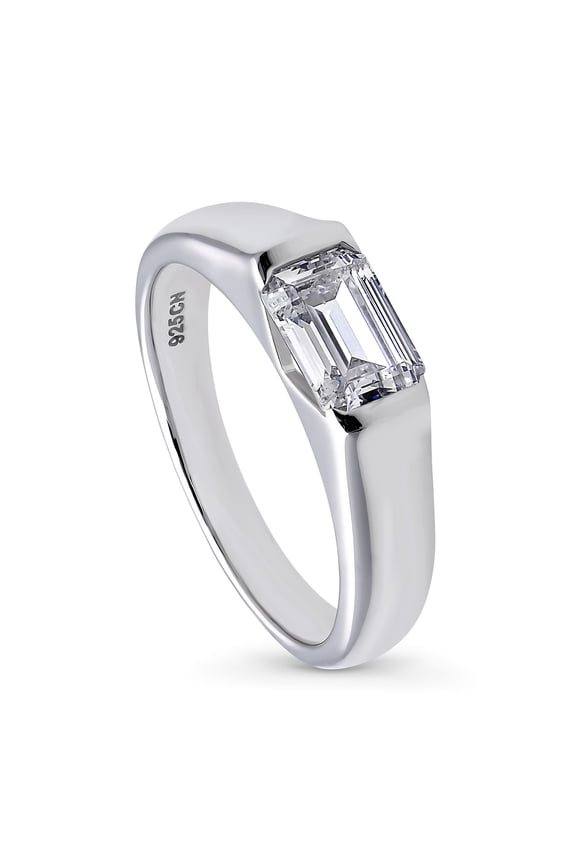 Sterling Silver East-West Wedding Engagement Rings 1 Carat Half Bezel Set Cubic Zirconia CZ Solitaire Ring for Women, Rhodium Plated Size 9