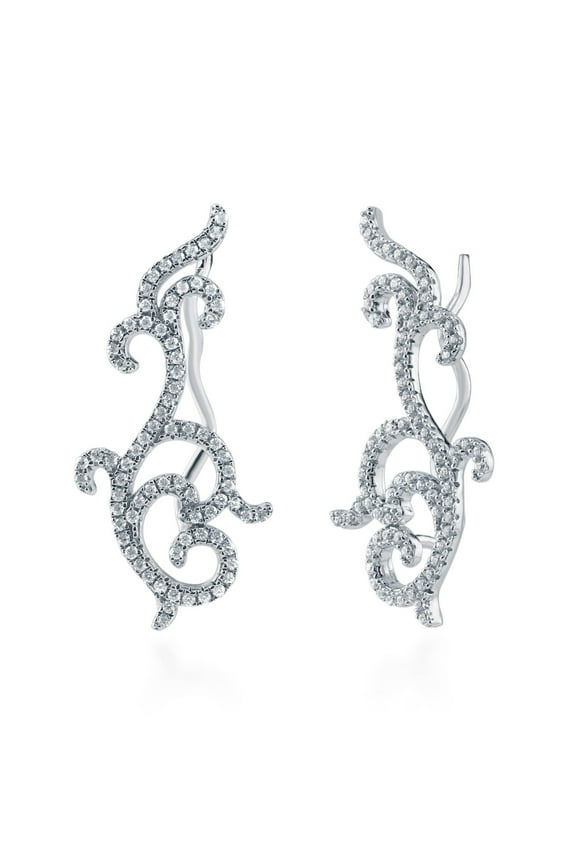 Sterling Silver Filigree Cubic Zirconia CZ Fashion Ear Crawlers for Women, Rhodium Plated