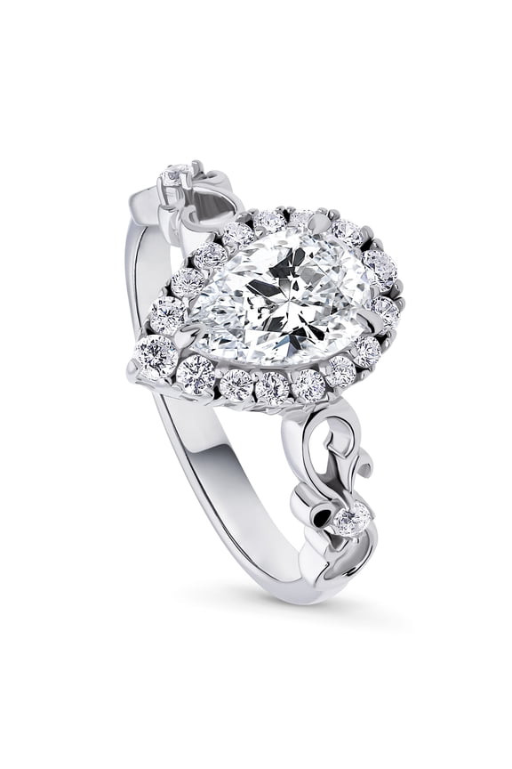 Sterling Silver Filigree Wedding Engagement Rings Cubic Zirconia CZ Halo Ring for Women, Rhodium Plated Size 7
