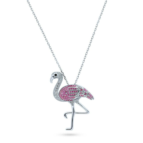 BERRICLE Sterling Silver Flamingo Cubic Zirconia CZ Fashion Pendant Necklace for Women, Rhodium Plated 16 inch