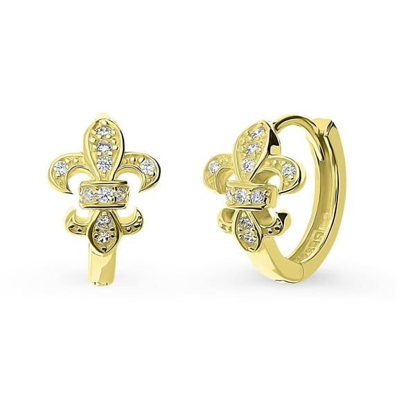 BERRICLE Sterling Silver Fleur De Lis Cubic Zirconia CZ Small Fashion Hoop Huggie Earrings for Women 0.5 inch, Yellow Gold Flashed