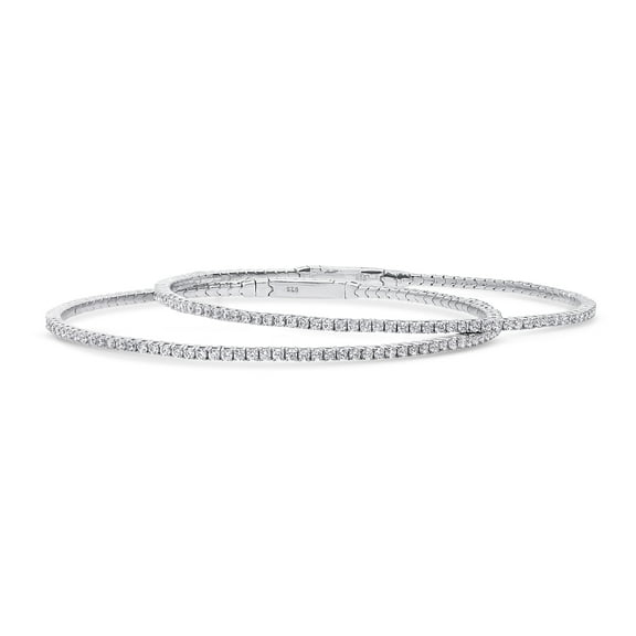 BERRICLE Sterling Silver Flexible Wedding Cubic Zirconia CZ Statement Bangle Bracelet for Women, Rhodium Plated, 2 Piece Set, 7.5 inch