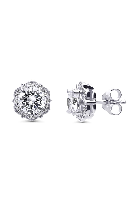 Sterling Silver Flower Cubic Zirconia CZ Halo Anniversary Stud Earrings for Women, Rhodium Plated