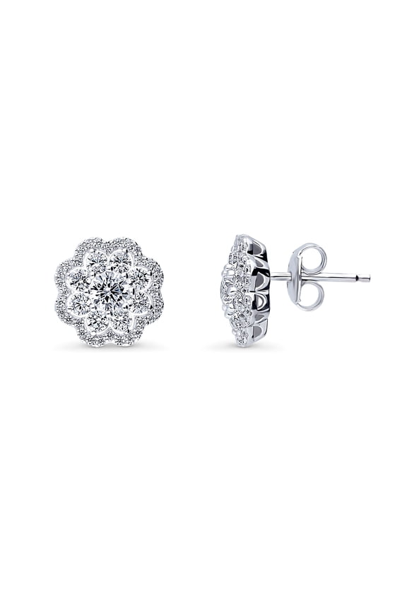 Sterling Silver Flower Cubic Zirconia CZ Halo Anniversary Stud Earrings for Women, Rhodium Plated