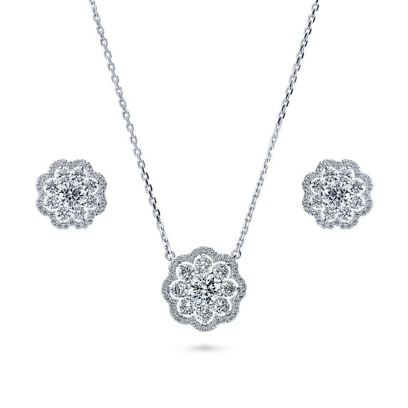 BERRICLE Sterling Silver Flower Cubic Zirconia CZ Halo Fashion Necklace and Earrings Set for Women, Rhodium Plated