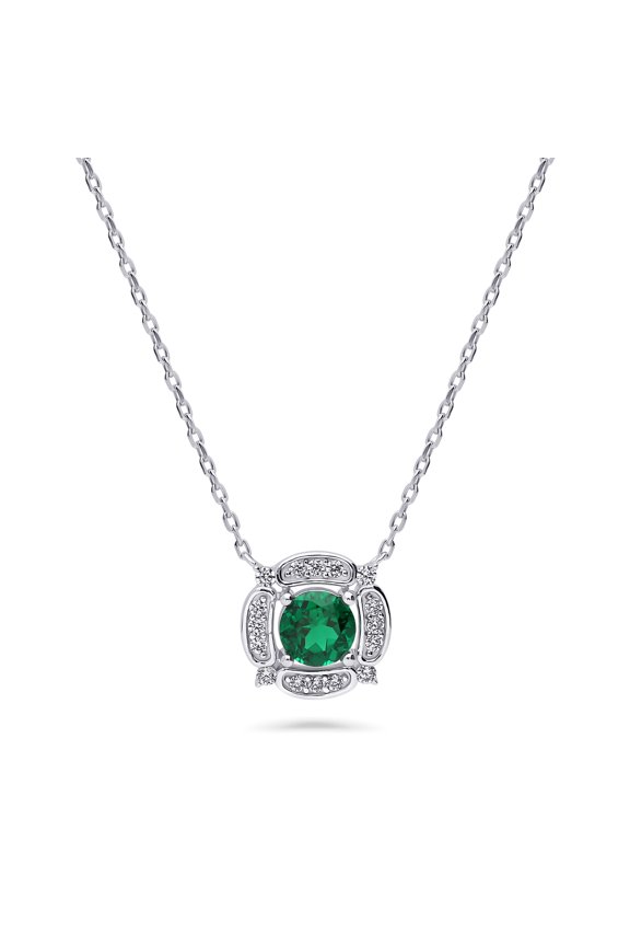 Sterling Silver Flower Cubic Zirconia CZ Halo Fashion Pendant Necklace for Women, Rhodium Plated 16 inch, Emerald