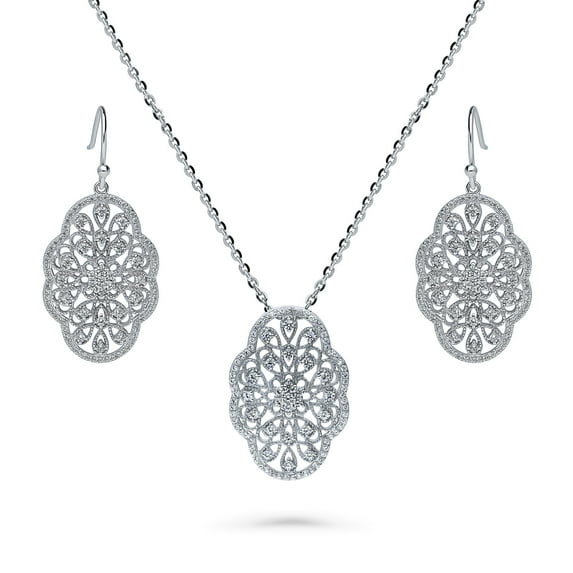 BERRICLE Sterling Silver Flower Cubic Zirconia CZ Milgrain Fashion Necklace and Earrings Set for Women, Rhodium Plated