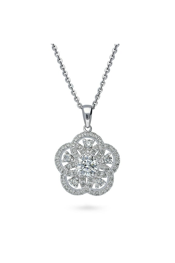Sterling Silver Flower Cubic Zirconia CZ Pendant Necklace for Women, Rhodium Plated 18 inch