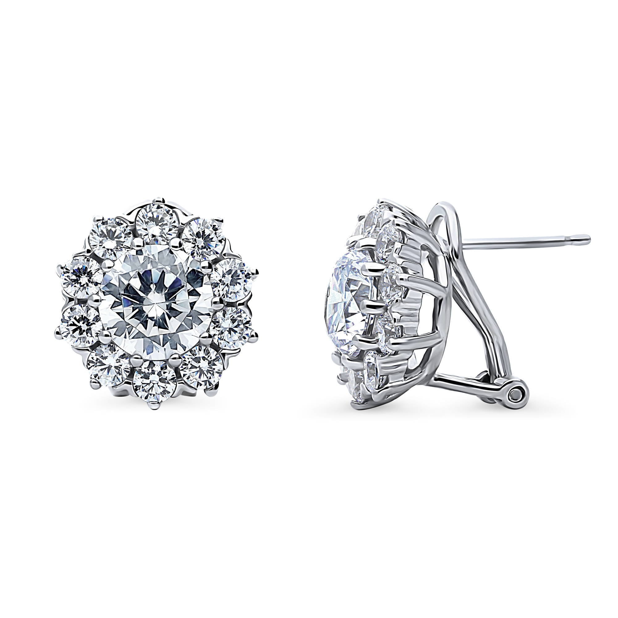 BERRICLE Sterling Silver Flower Cubic Zirconia CZ Statement Halo Anniversary Omega Back Stud Earrings for Women, Rhodium Plated