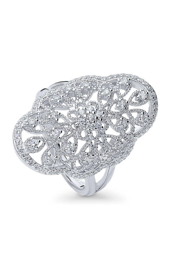 Sterling Silver Flower Cubic Zirconia CZ Statement Navette Cocktail Fashion Ring for Women, Rhodium Plated Size 5.5