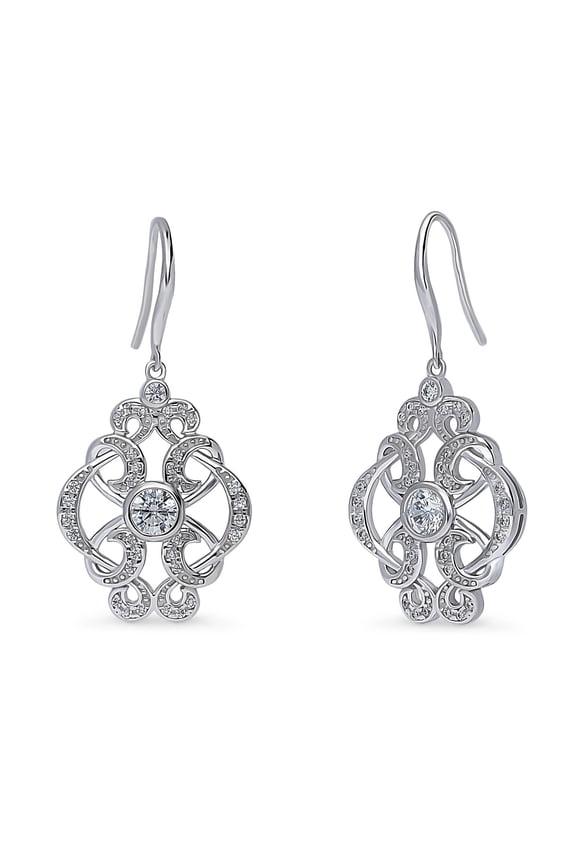 Sterling Silver Flower Cubic Zirconia CZ Vintage Inspired Art Deco Fish Hook Dangle Drop Earrings for Women, Rhodium Plated