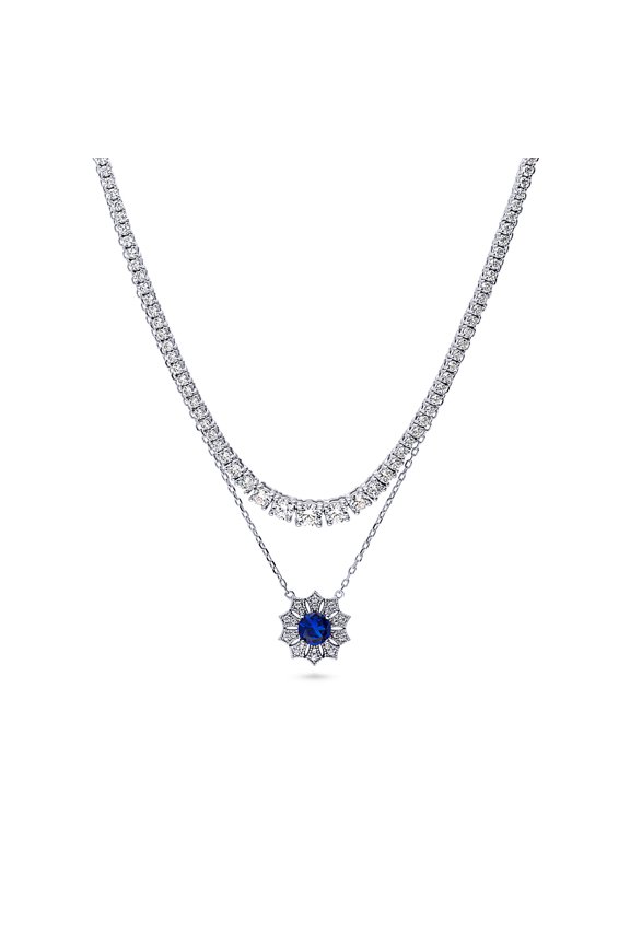 Sterling Silver Graduated Blue Round Cut Cubic Zirconia CZ Statement Halo Fashion Anniversary Pendant And Tennis Necklace Set for Women, Rhodium Plated