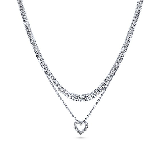 BERRICLE Sterling Silver Graduated Round Cut Cubic Zirconia CZ Statement Open Heart Fashion Anniversary Pendant And Tennis Necklace Set for Women, Rhodium Plated
