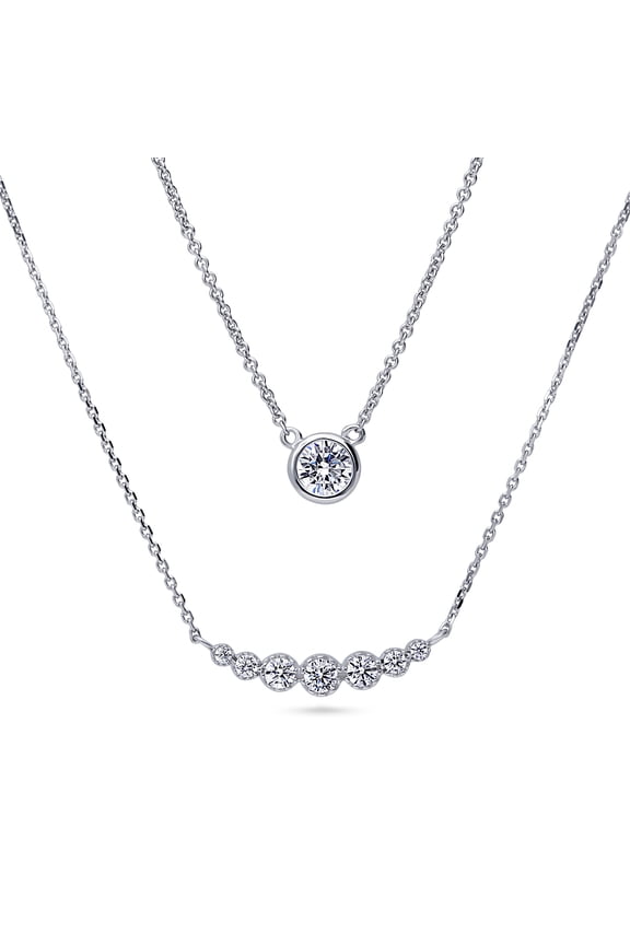Sterling Silver Graduated Wedding 0.45 Carat Bezel Set Cubic Zirconia CZ Solitaire Anniversary Pendant Necklace for Women, Rhodium Plated, 2 Piece Set