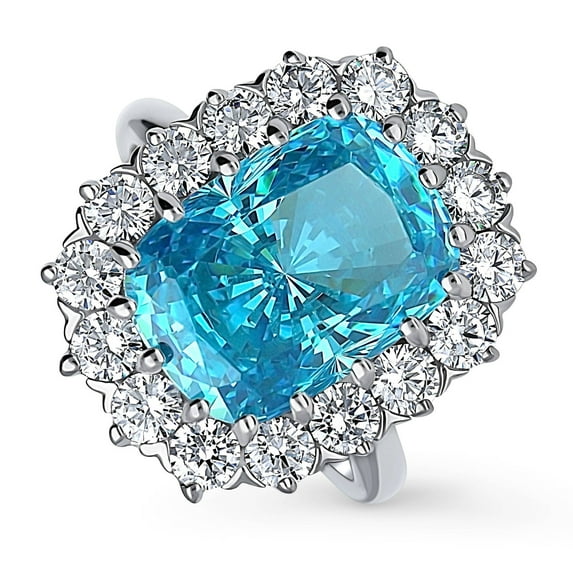 BERRICLE Sterling Silver Halo Blue Cushion Cut Cubic Zirconia CZ Statement Cocktail Fashion Ring for Women, Rhodium Plated Size 8.5