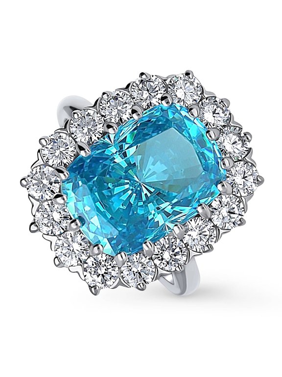 Sterling Silver Halo Blue Cushion Cut Cubic Zirconia CZ Statement Cocktail Fashion Ring for Women, Rhodium Plated Size 8