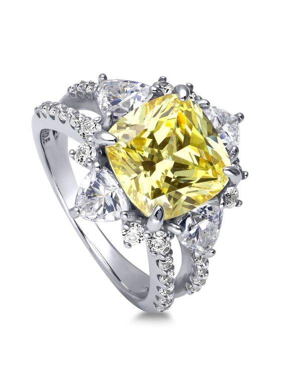 Sterling Silver Halo Canary Yellow Cushion Cut Cubic Zirconia CZ Statement Flower Cocktail Fashion Split Shank Ring for Women, Rhodium Plated Size 8