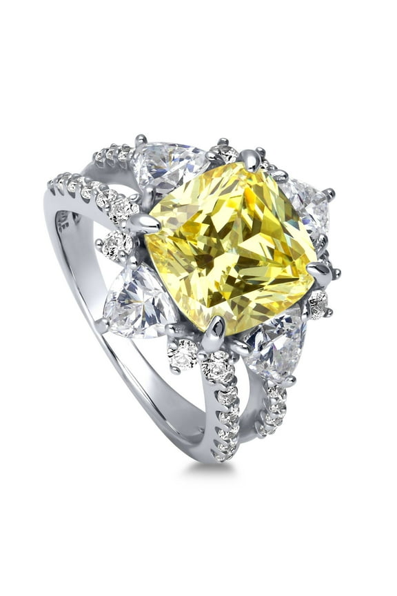 Sterling Silver Halo Canary Yellow Cushion Cut Cubic Zirconia CZ Statement Flower Cocktail Fashion Split Shank Ring for Women, Rhodium Plated Size 6