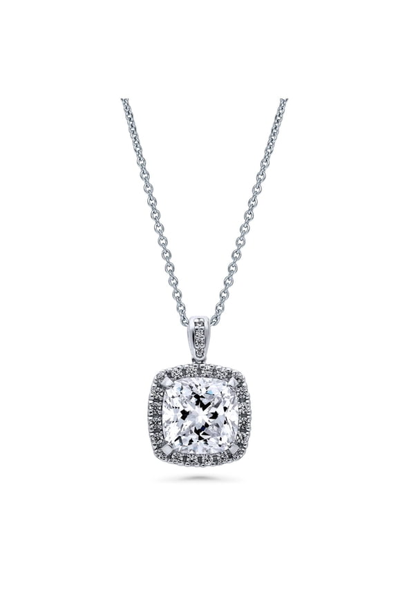 Sterling Silver Halo Cushion Cut Cubic Zirconia CZ Anniversary Pendant Necklace for Women, Rhodium Plated 18 inch