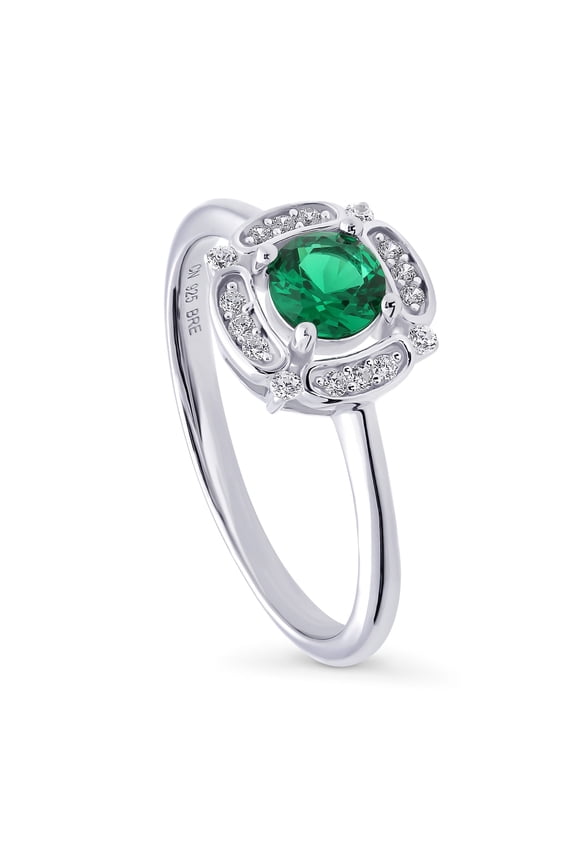 Sterling Silver Halo Green Round Cut Cubic Zirconia CZ Flower Fashion Ring for Women, Rhodium Plated Size 7