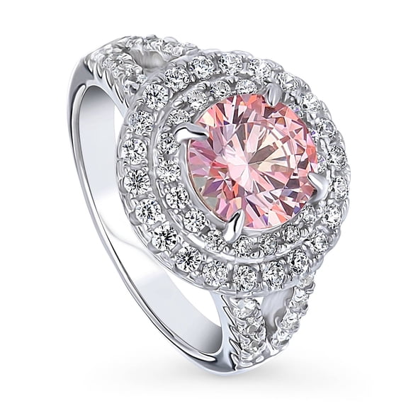 BERRICLE Sterling Silver Halo Morganite Color Round Cut Cubic Zirconia CZ Statement Cocktail Fashion Split Shank Ring for Women, Rhodium Plated Size 6.5