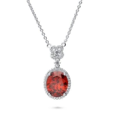 BERRICLE Sterling Silver Halo Oval Cut Cubic Zirconia CZ Clover Fashion Pendant Necklace for Women, Rhodium Plated 16 inch, Red