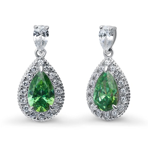 BERRICLE Sterling Silver Halo Pear Cut Cubic Zirconia CZ Fashion Dangle Drop Earrings for Women, Rhodium Plated, Green Color