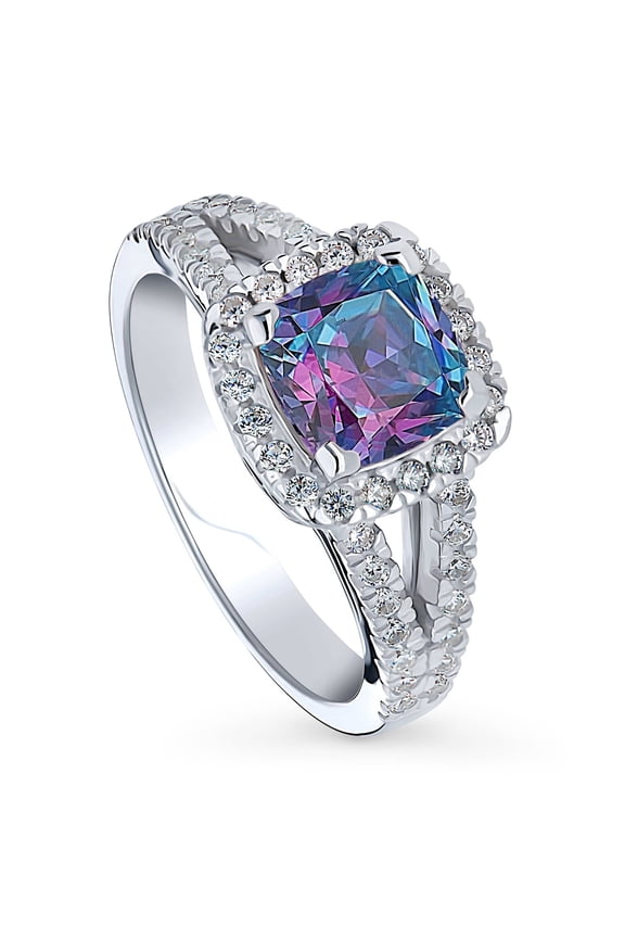 Sterling Silver Halo Purple Aqua Cushion Cut Cubic Zirconia CZ Kaleidoscope Cocktail Fashion Split Shank Ring for Women, Rhodium Plated Size 4