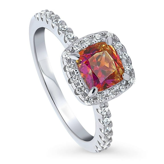 BERRICLE Sterling Silver Halo Red Orange Cushion Cut Cubic Zirconia CZ Kaleidoscope Fashion Ring for Women, Rhodium Plated Size 4