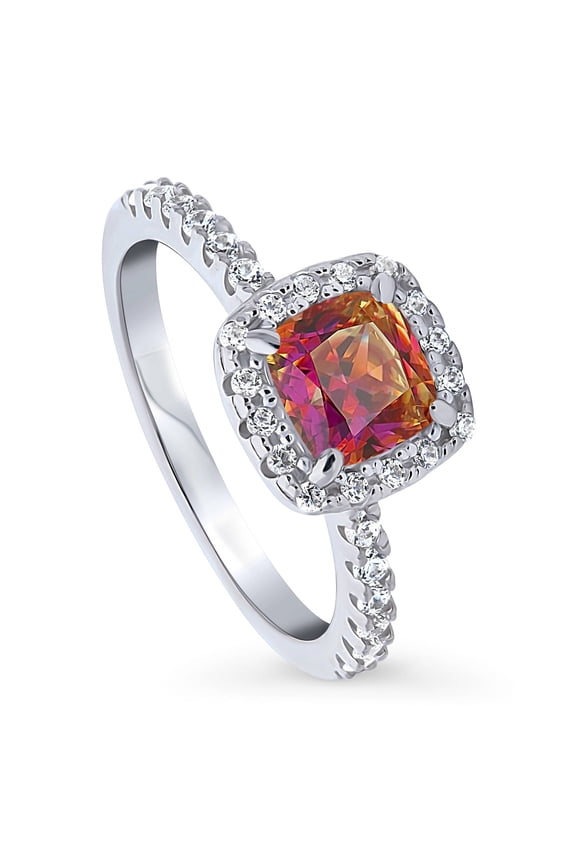 Sterling Silver Halo Red Orange Cushion Cut Cubic Zirconia CZ Kaleidoscope Fashion Ring for Women, Rhodium Plated Size 9