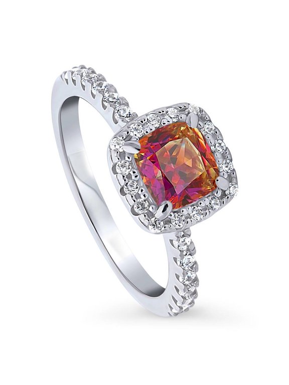 Sterling Silver Halo Kaleidoscope Ring for Women, Red Orange Cushion Cut Cubic Zirconia CZ Size 9
