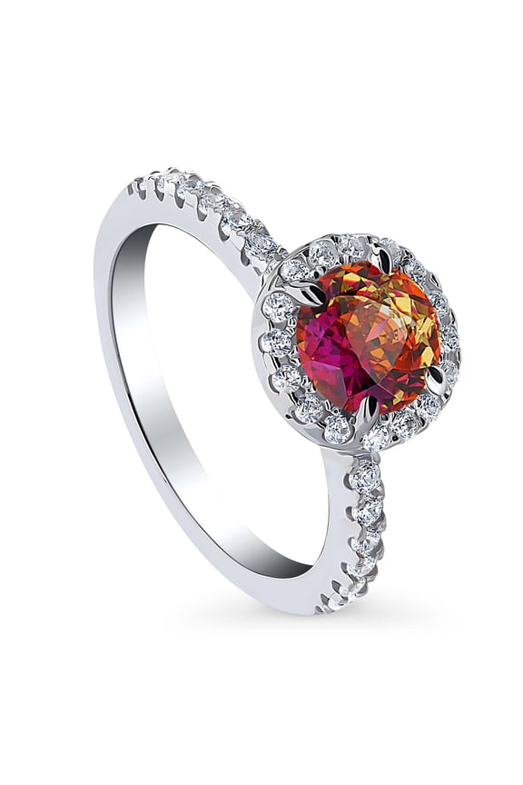 Sterling Silver Halo Red Orange Round Cut Cubic Zirconia CZ Kaleidoscope Fashion Ring for Women, Rhodium Plated Size 4