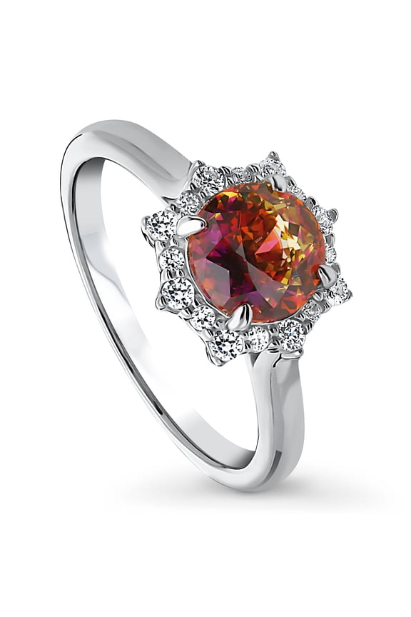 Sterling Silver Halo Rings Red Orange Round Cut Cubic Zirconia CZ Sunburst Promise Ring for Women, Rhodium Plated Size 4