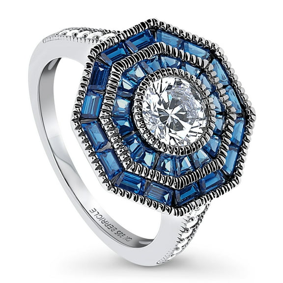 BERRICLE Sterling Silver Halo Round Cut Cubic Zirconia CZ Statement Vintage Inspired Art Deco Cocktail Fashion Ring for Women, Rhodium Plated Size 8