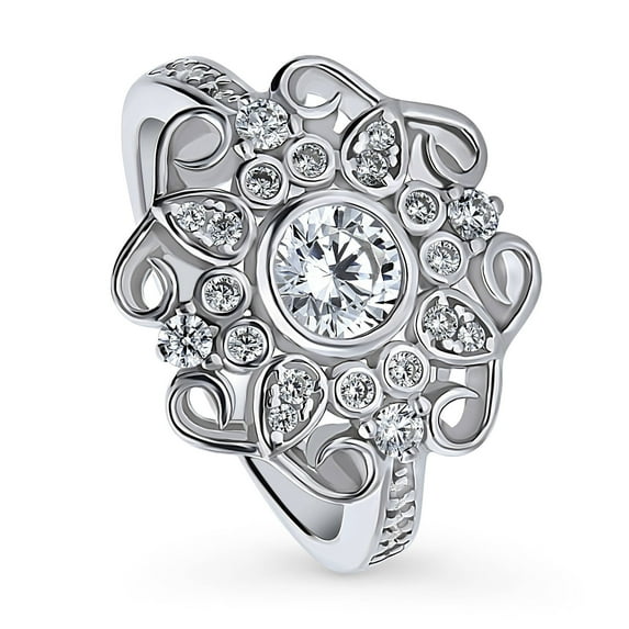 BERRICLE Sterling Silver Halo Round Cut Cubic Zirconia CZ Flower Cocktail Fashion Ring for Women, Rhodium Plated Size 8.5