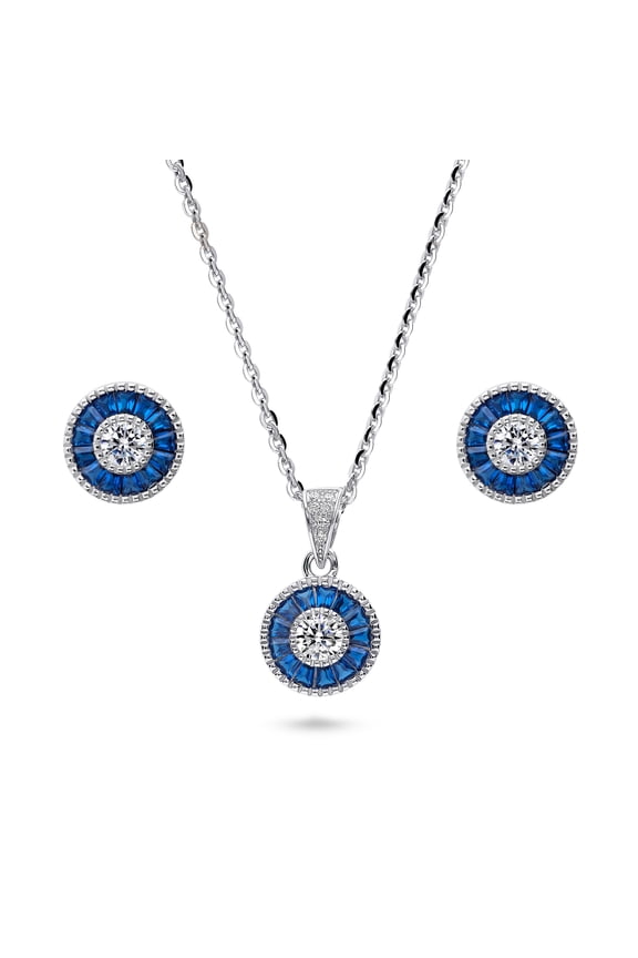 Sterling Silver Halo Round Cut Cubic Zirconia CZ Vintage Inspired Art Deco Fashion Necklace and Earrings Set for Women, Rhodium Plated