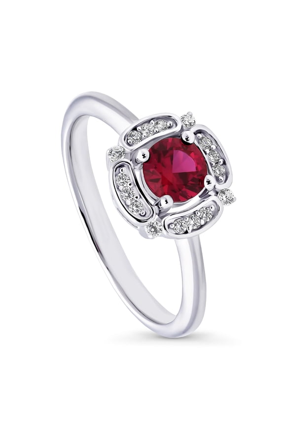 Sterling Silver Halo Simulated Ruby Round Cut Cubic Zirconia CZ Flower Fashion Ring for Women, Rhodium Plated Size 5