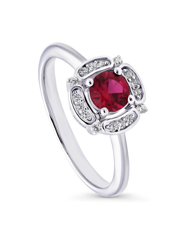 Sterling Silver Halo Simulated Ruby Round Cut Cubic Zirconia CZ Flower Fashion Ring for Women, Rhodium Plated Size 8