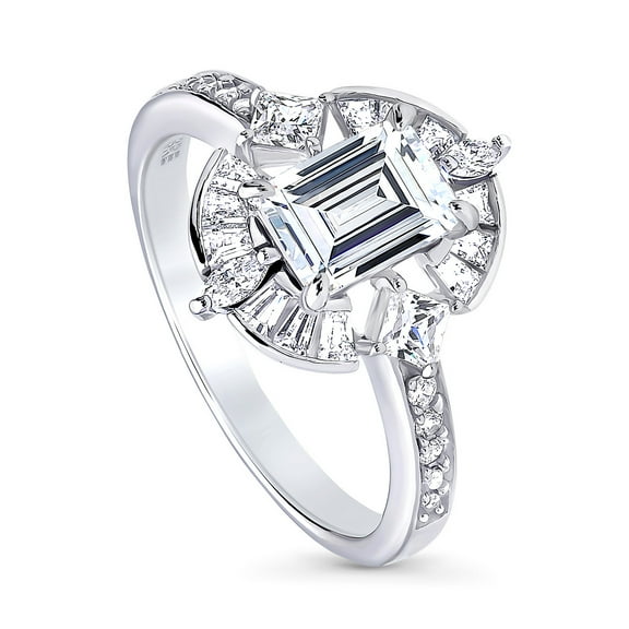 BERRICLE Sterling Silver Halo Step Emerald Cut Cubic Zirconia CZ Statement Vintage Inspired Art Deco Fashion Ring for Women, Rhodium Plated Size 8